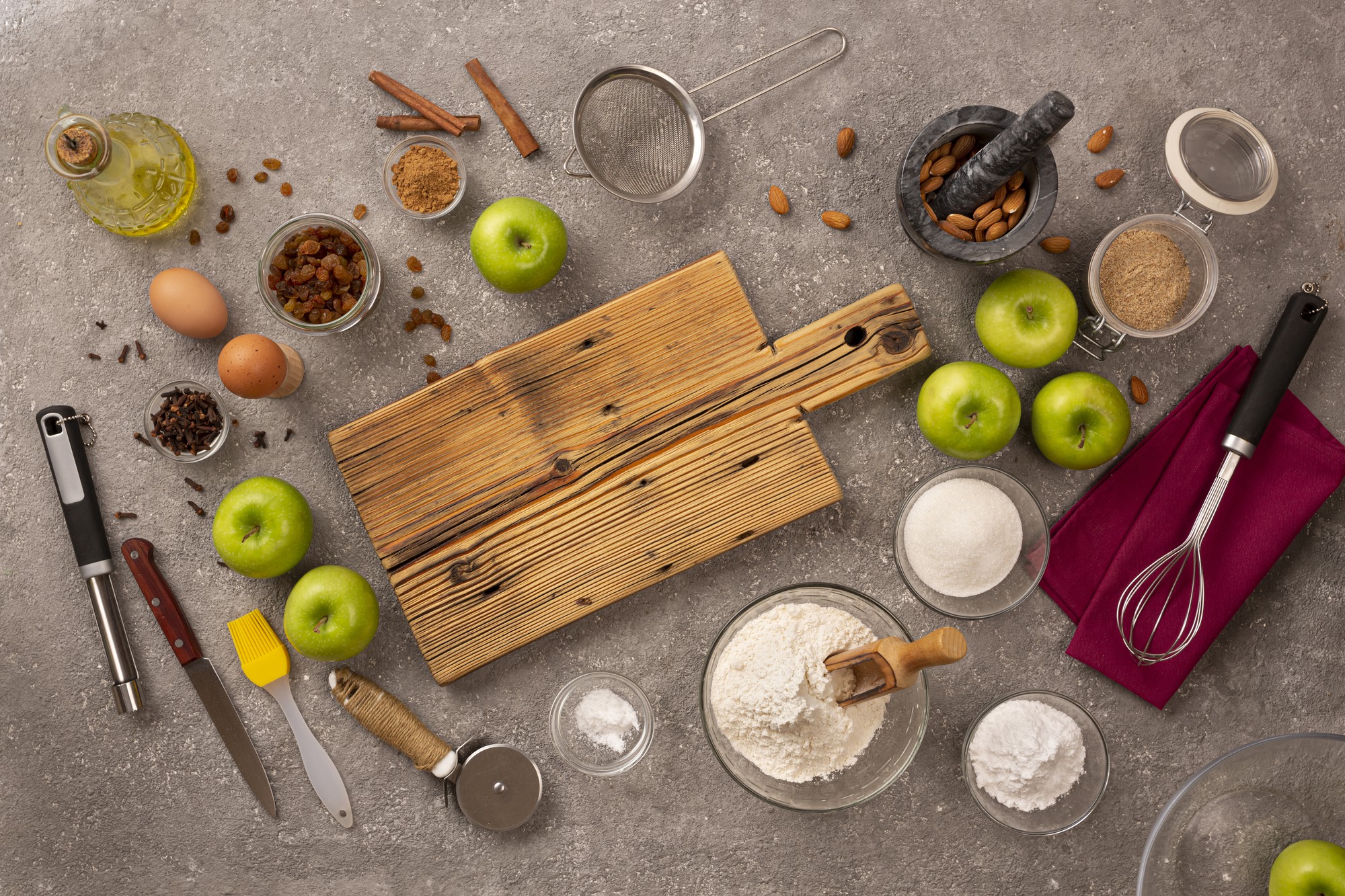 Cooking studio workspace with tools and ingredients